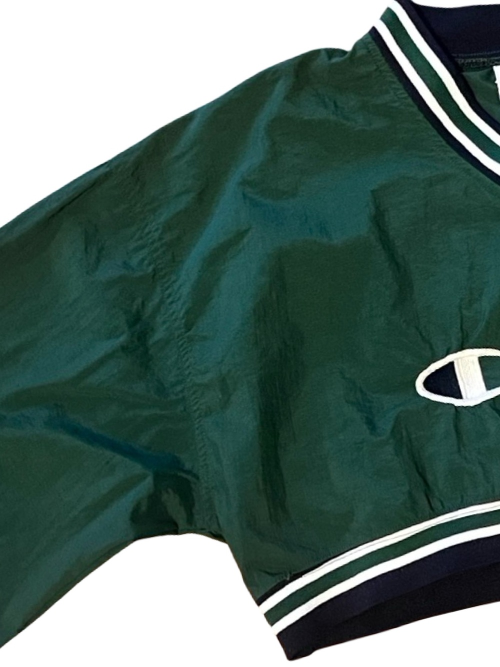 Vintage Champion Dark Green Cropped V-Neck Nylon Windbreaker White and Navy Trim - Picture 5 of 9